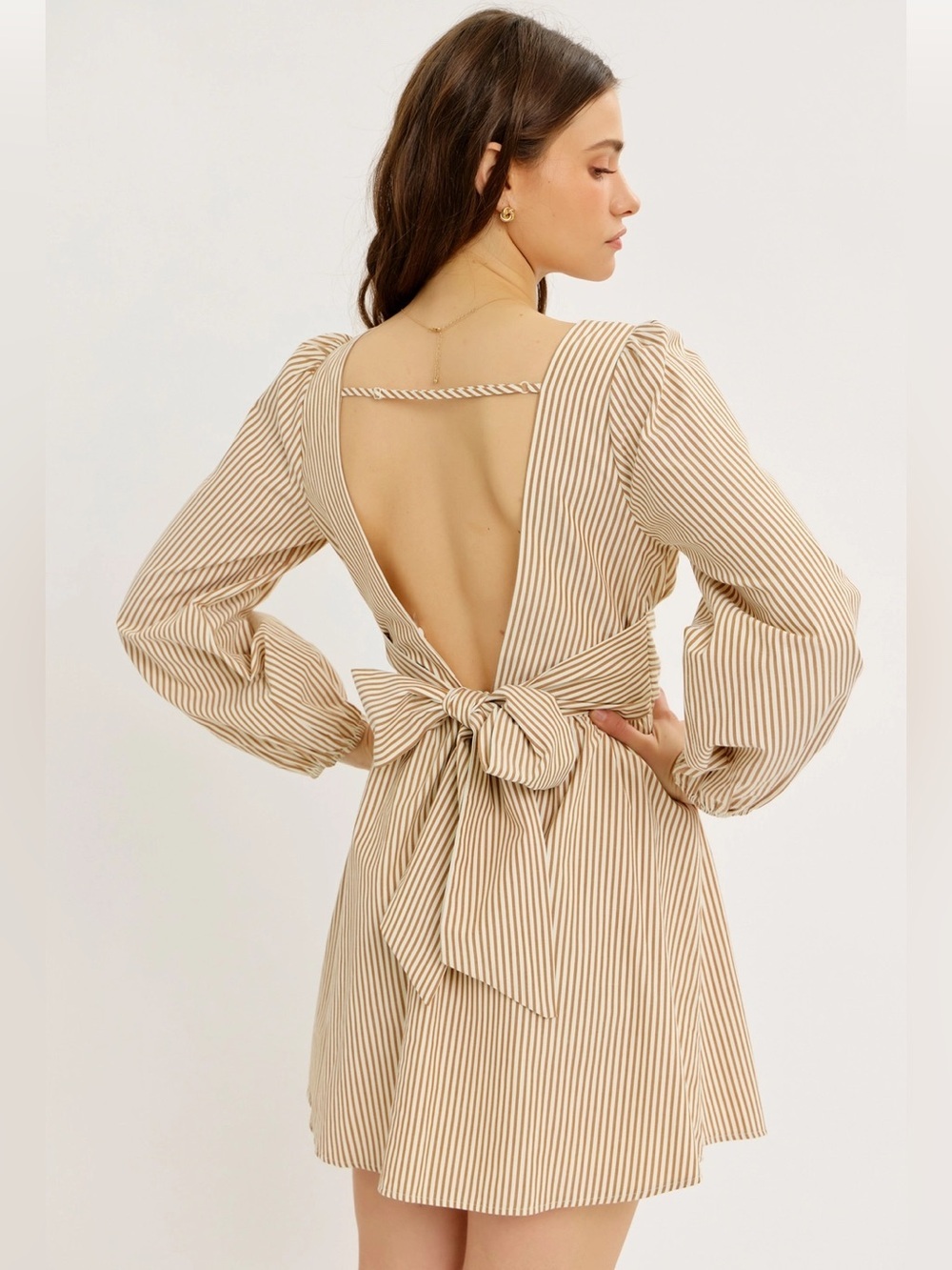 Beige Striped Open Back Bow Long Sleeve Mini Dress - 617